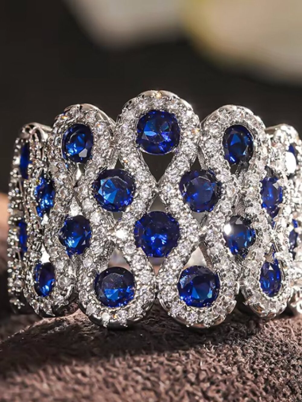 NEW 18k White Gold Sapphire Diamond Ring Band Wide Thick Statement Ring